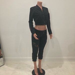 Tokyo Denim Bank ~ Black Embroidered Zip Up Jogging Suit Medium